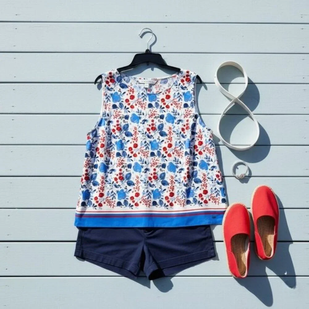 Tommy Hilfiger XL Floral Border Tank Top Sleeveless Red Blue White Preppy - Picture 2 of 7